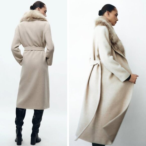 Zara Cream Trench Coat with Faux Fur Collar - Picture 3 of 15